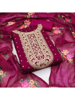 Zeepkart - Purple Chanderi Cotton Embroidered Unstitched Dress Material (Set of 3)