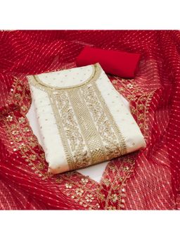 Zeepkart - Cream Chanderi Cotton Embroidered Cream Unstitched Dress Material (Set of 3)