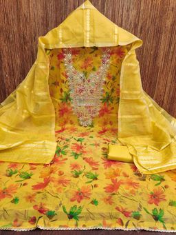 Zeepkart - Yellow Chanderi Embroidered Unstitched Dress Material (Set of 3)