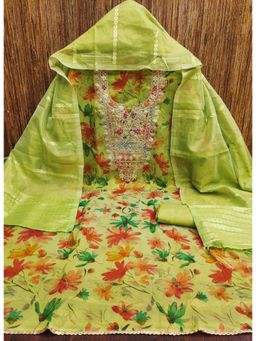 Zeepkart - Parrot Green Chanderi Embroidered Unstitched Dress Material (Set of 3)