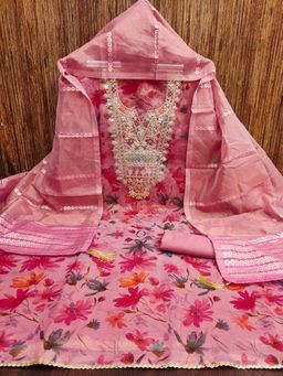 Zeepkart - Pink Chanderi Embroidered Unstitched Dress Material (Set of 3)