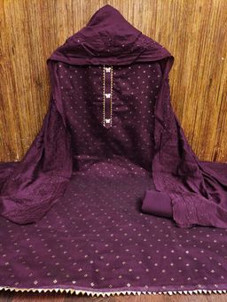 Zeepkart - Wine Chanderi Embroidered Unstitched Dress Material (Set of 3)