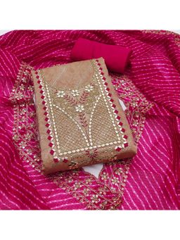 Zeepkart - Brown Chanderi Cotton Embroidered Unstitched Dress Material (Set of 3)