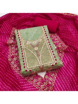 Zeepkart - Green Chanderi Cotton Embroidered Unstitched Dress Material (Set of 3)