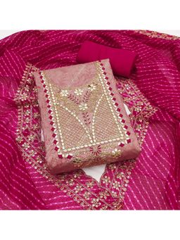 Zeepkart - Pink Chanderi Cotton Embroidered Unstitched Dress Material (Set of 3)