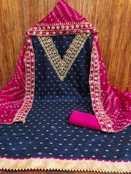 Zeepkart - Blue Chanderi Embroidered Unstitched Dress Material (Set of 3)