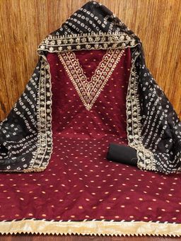 Zeepkart - Red Chanderi Embroidered Unstitched Dress Material (Set of 3)