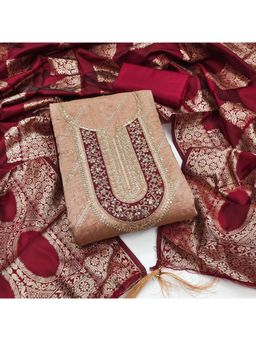 Zeepkart - Beige Chanderi Cotton Embroidered Unstitched Dress Material (Set of 3)