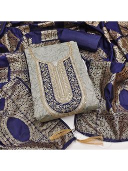 Zeepkart - Blue Chanderi Cotton Embroidered Unstitched Dress Material (Set of 3)