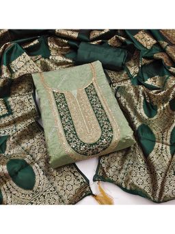 Zeepkart - Green Chanderi Cotton Embroidered Unstitched Dress Material (Set of 3)