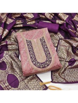 Zeepkart - Pink Chanderi Cotton Embroidered Unstitched Dress Material (Set of 3)