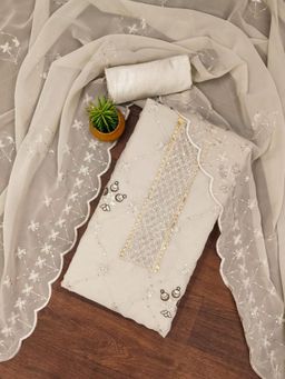 Zeepkart - Cream Georgette Embroidered Unstitched Dress Material (Set of 3)