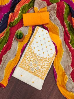Zeepkart - Mustard Cotton Embroidered Unstitched Dress Material (Set of 3)