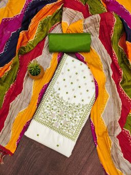 Zeepkart - Green Cotton Embroidered Unstitched Dress Material (Set of 3)