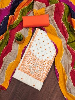 Zeepkart - Orange Cotton Embroidered Unstitched Dress Material (Set of 3)