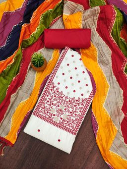 Zeepkart - Red Cotton Embroidered Unstitched Dress Material (Set of 3)