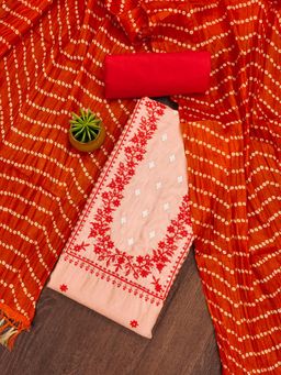 Zeepkart - Orange Cotton Embroidered Unstitched Dress Material (Set of 3)