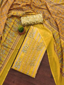 Zeepkart - Mustard Cotton Embroidered Unstitched Dress Material (Set of 3)