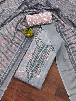 Zeepkart - Grey Cotton Embroidered Unstitched Dress Material (Set of 3)