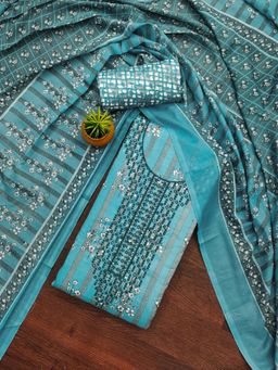 Zeepkart - Turquoise Cotton Embroidered Unstitched Dress Material (Set of 3)