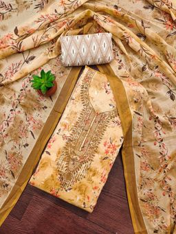 Zeepkart - Cream Cotton Embroidered Unstitched Dress Material (Set of 3)