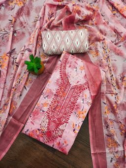 Zeepkart - Pink Cotton Embroidered Unstitched Dress Material (Set of 3)