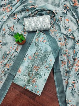 Zeepkart - Sky Blue Cotton Embroidered Unstitched Dress Material (Set of 3)