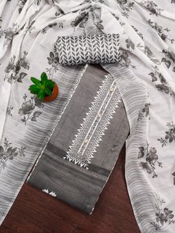 Zeepkart - Grey Cotton Embroidered Unstitched Dress Material (Set of 3)