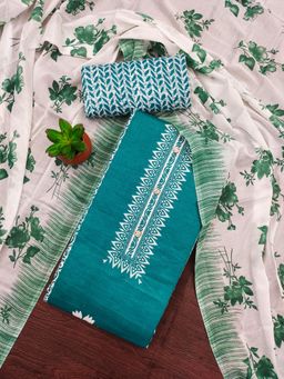 Zeepkart - Turquoise Cotton Embroidered Unstitched Dress Material (Set of 3)
