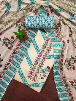 Zeepkart - Turquoise Cotton Embroidered Unstitched Dress Material (Set of 3)