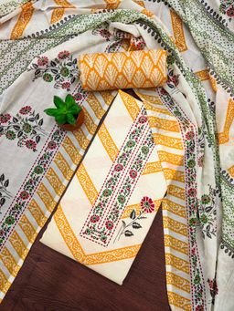 Zeepkart - Mustard Cotton Embroidered Unstitched Dress Material (Set of 3)