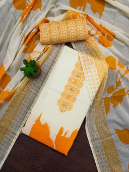 Zeepkart - Orange Cotton Embroidered Unstitched Dress Material (Set of 3)