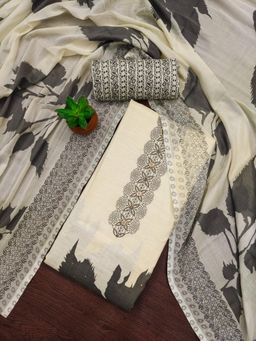 Zeepkart - Grey Cotton Embroidered Unstitched Dress Material (Set of 3)