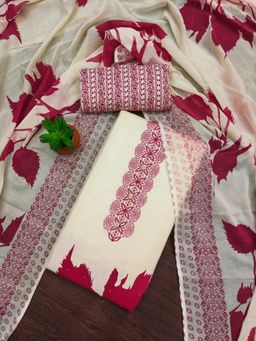 Zeepkart - Red Cotton Embroidered Unstitched Dress Material (Set of 3)