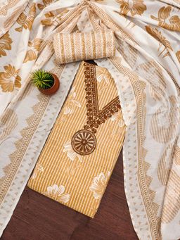 Zeepkart - Cream Cotton Embroidered Unstitched Dress Material (Set of 3)