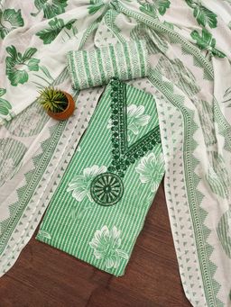 Zeepkart - Green Cotton Embroidered Unstitched Dress Material (Set of 3)