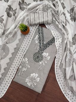 Zeepkart - Grey Cotton Embroidered Unstitched Dress Material (Set of 3)