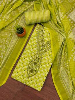 Zeepkart - Parrot Green Cotton Embroidered Unstitched Dress Material (Set of 3)