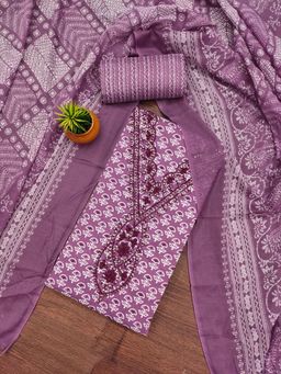 Zeepkart - Purple Cotton Embroidered Unstitched Dress Material (Set of 3)