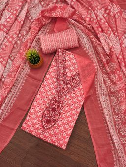 Zeepkart - Red Cotton Embroidered Unstitched Dress Material (Set of 3)