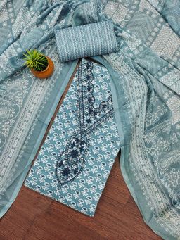 Zeepkart - Sky Blue Cotton Embroidered Unstitched Dress Material (Set of 3)