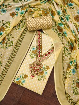 Zeepkart - Cream Cotton Embroidered Unstitched Dress Material (Set of 3)
