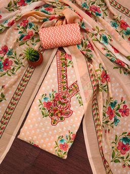 Zeepkart - Peach Cotton Embroidered Unstitched Dress Material (Set of 3)