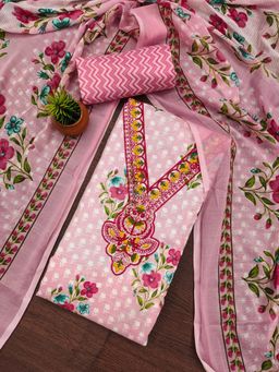 Zeepkart - Pink Cotton Embroidered Unstitched Dress Material (Set of 3)