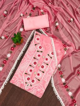 Zeepkart - Pink Cotton Embroidered Unstitched Dress Material (Set of 3)