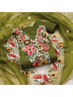 Zeepkart - Green Organza Embroidered Unstitched Dress Material (Set of 3)