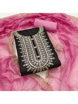 Zeepkart - Black Chanderi Cotton Embroidered Unstitched Dress Material (Set of 3)