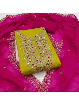 Zeepkart - Parrot Green Chanderi Cotton Embroidered Unstitched Dress Material (Set of 3)