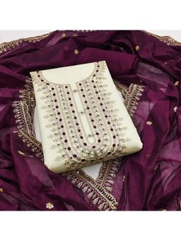 Zeepkart - Off White Chanderi Cotton Embroidered Unstitched Dress Material (Set of 3)