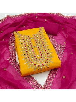 Zeepkart - Mustard Chanderi Cotton Embroidered Unstitched Dress Material (Set of 3)